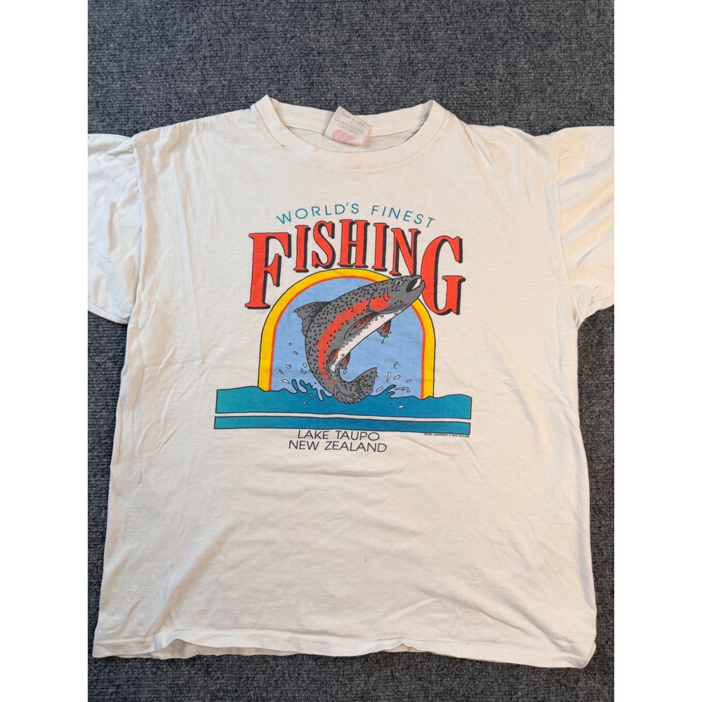 Vintage Canterbury of New Zealand Fishing T Shirt Large White Lake Taupo USA Mad